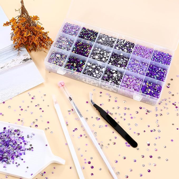 22380Pcs Purple Jelly Rhinestones Kit- Resin Mixed Color Rhinestones for Nail Clothes Shoes Tumblers Decoration Flat Back Round(3mm,4mm,5mm)