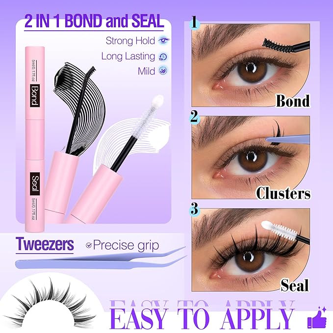 Manga Lash Clusters Kit with Spikes Natural Eyelash Clusters Kit Invisible Band Spiky Clusters Eyelash Extensions Kit Wispy DIY Anime Lash Extension with Lash Bond and Seal, Tweezers