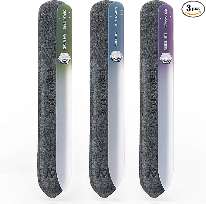 GERMANIKURE Czech Crystal Glass Nail File 3 Pack in Suede Sleeves - Professional Manicure & Pedicure Products for Smooth Easy Shaping of Natural Nails - Ideal Nail Care Gift