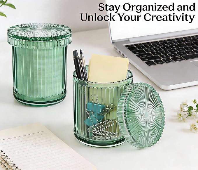 ESEHGS 2 Pack Glass Qtip Holder Dispenser Set - Bathroom Organizer for Cotton Swabs, Balls, Pads, Floss Picks - Clear Apothecary Jars for Vanity, Makeup Storage, Bathroom Accessories Decor (Green)