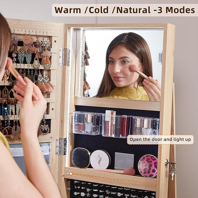 Fluted 360° Swivel Jewelry Armoire Cabinet Standing with Full Length Mirror, Lockable Jewelry Organizers and Drawer Storage with 3 Color LED Lights & Interior Mirror Rear Storage Shelves