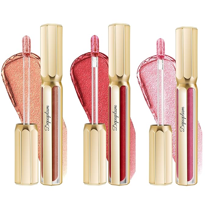 Depuplum 3Pc Lipsticks Set for Women Metallic Lipstick Long Lasting Dark Red Bronze Pink Lip Gloss, Metal Shine Lightweight Hydrating Full Coverage Lip Color, DP103/104/114