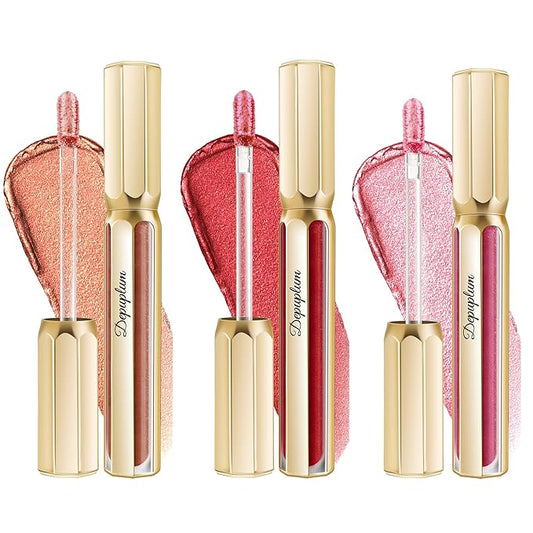 Depuplum 3Pc Lipsticks Set for Women Metallic Lipstick Long Lasting Dark Red Bronze Pink Lip Gloss, Metal Shine Lightweight Hydrating Full Coverage Lip Color, DP103/104/114