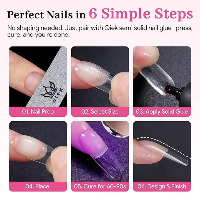 Qiek Long Coffin Pre-Building Nail Tips, 15 Sizes 240 PCS Pre-shaped Apex Clear Soft Press On Fake Nail Half Matte Gel Nail Extensions Strong Thick Acrylic Tip for DIY Beginners & Salon Manicure