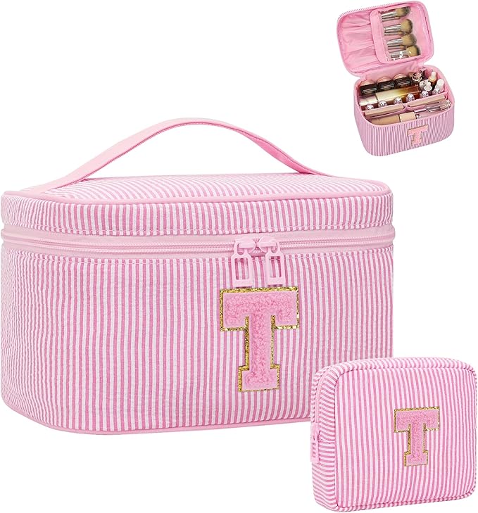 MONSTINA Initial Makeup Bag Cosmetic Bag Bridal Shower Gifts - Bridesmaid Bag,Bridesmaid Proposal Gifts for Wedding Day,Maid Matron of Honor Gift, Bride to be Gifts,Bachelorette Party Favors,Pink T