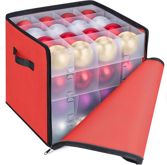 BALEINE Christmas Ornament Storage Box with Dividers, Premium Holiday Ornaments Storage Container Bin for Xmas Decorations (64 Ball, Red, Soft)