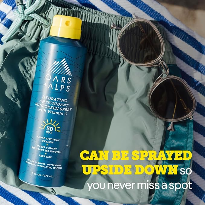 Oars + Alps Sunscreen Spray for Face & Body Spray Sunscreen Infused with Vitamin C & Antioxidants, No White Residue, Water & Sweat Resistant, All Skin Types, Lightweight, Hydrating, SPF 50, 6 Oz, 1pk