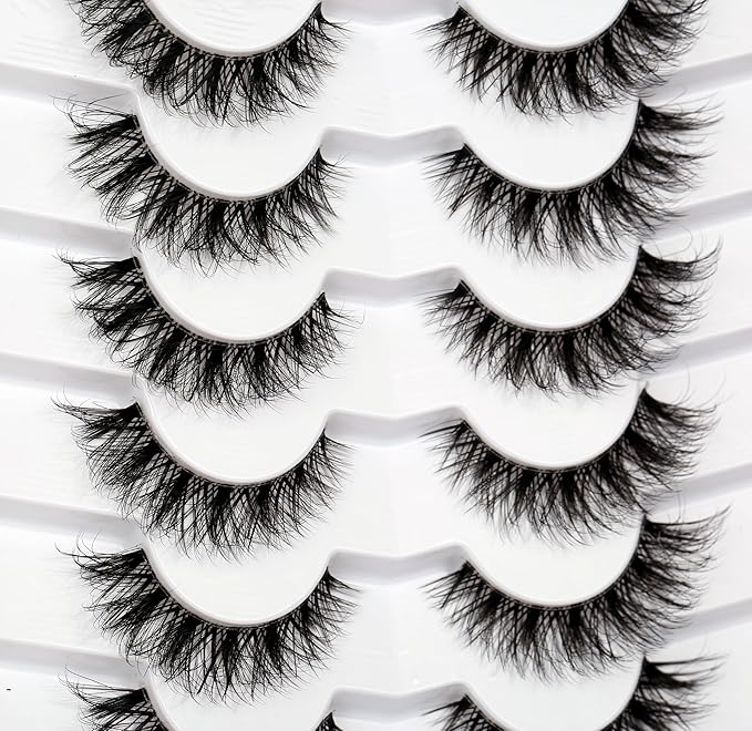 Pooplunch False Eyelashes Wispy Cat Eye Lashes Natural Short 8D Faux Mink Lashes Fake Eyelashes Strips 7 Pairs Pack
