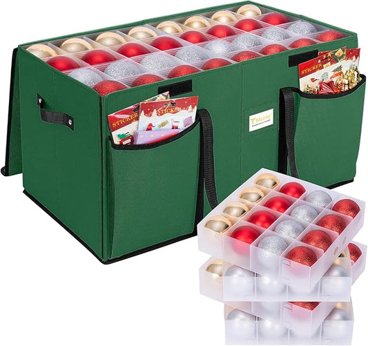 BALEINE Christmas Ornament Storage Box with Dividers, Premium Holiday Ornaments Storage Container Bin for Xmas Decorations (128 Ball, Green, Hard)