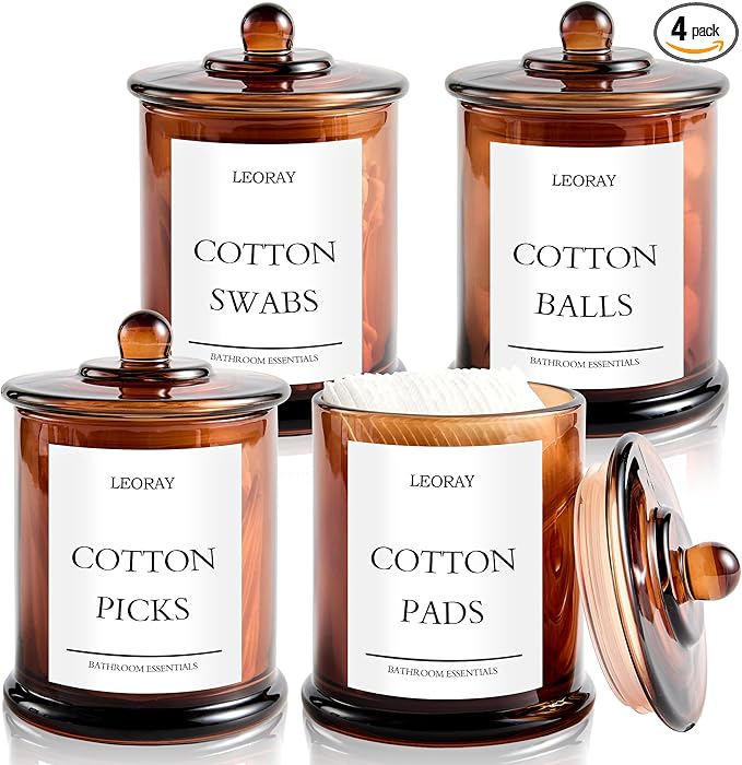 LEORAY 4 Pack Glass Qtip Holder Dispenser with Lids, Airtight Waterproof, 16 Oz Vanity Organizer Bathroom Canisters for Cotton Swabs, Balls, Pads, Floss Picks, Restroom Kitchen Storage Jars, Amber