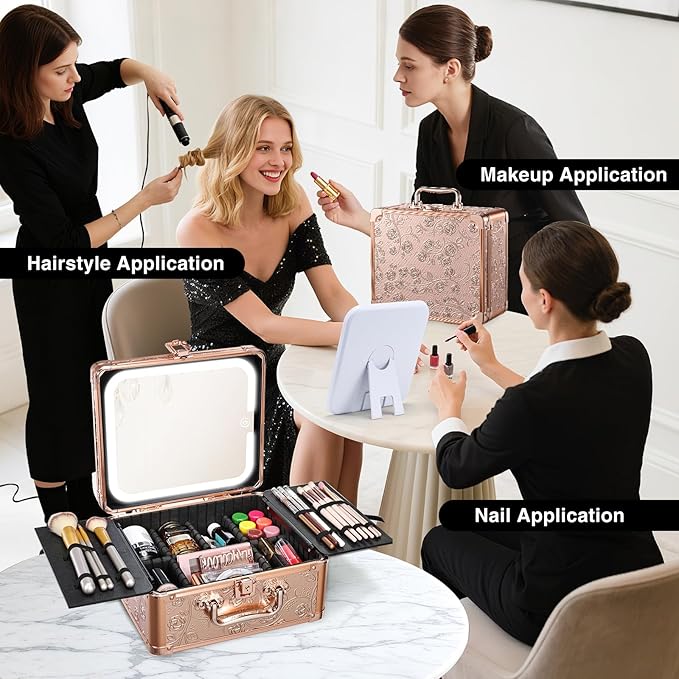 Makeup Case with Magnetic Lighted Mirror Cosmetic Train Box Detachable LED Mirror Adjustable Brightness in 3 Colors Waterproof Storage Organizer Artist Suitcase with Dividers Brush Holder, Rose Gold