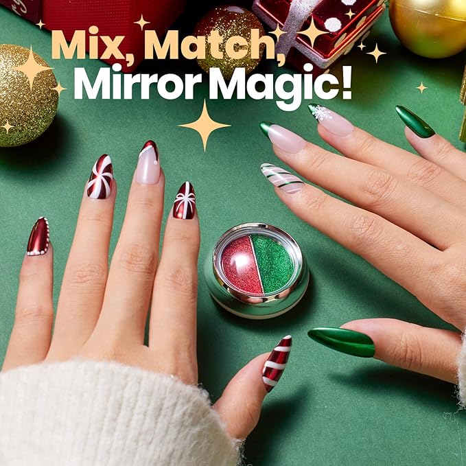 Beetles Chrome Nail Powder 2 Colors Mirror Effect Red Green Metallic Cromer Powder for Nail Solid Pigment Nails Art Decoration Glitter Manicure Design Gift for Women