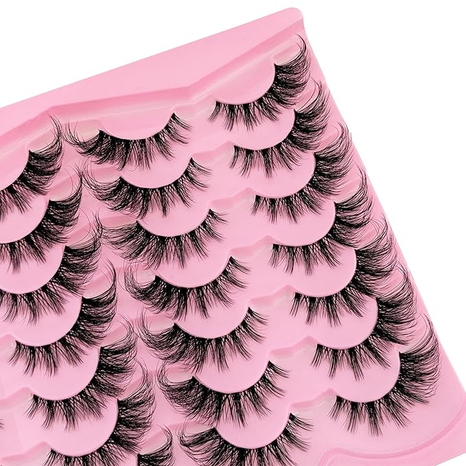 Yasnai Cat Eye Lashes False Eyelashes Volume 18mm Strip Lashes Wispy Fake Lashes Natural Eyelashes Clear Band 14 Pairs Pack 9D