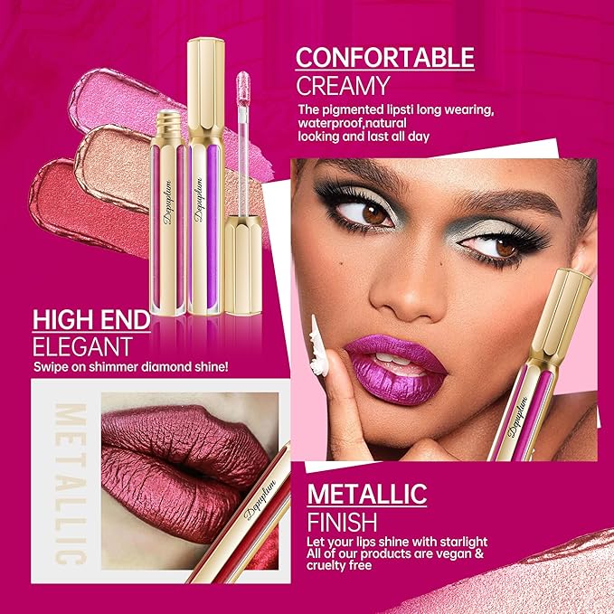 Depuplum Dark Red Lipsticks for Women Metallic Lipstick Long Lasting Non Stick Cup Lip Gloss, Metal Shine Lightweight Hydrating Full Coverage Lip Color, DP104 Impassion