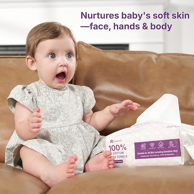 Serenorch 100% Cotton Disposable Face Towels, Soft Cotton Tissue for Sensitive Skin, Daily Cleansing & Makeup Removal, Hanging Facial Dry Wipe