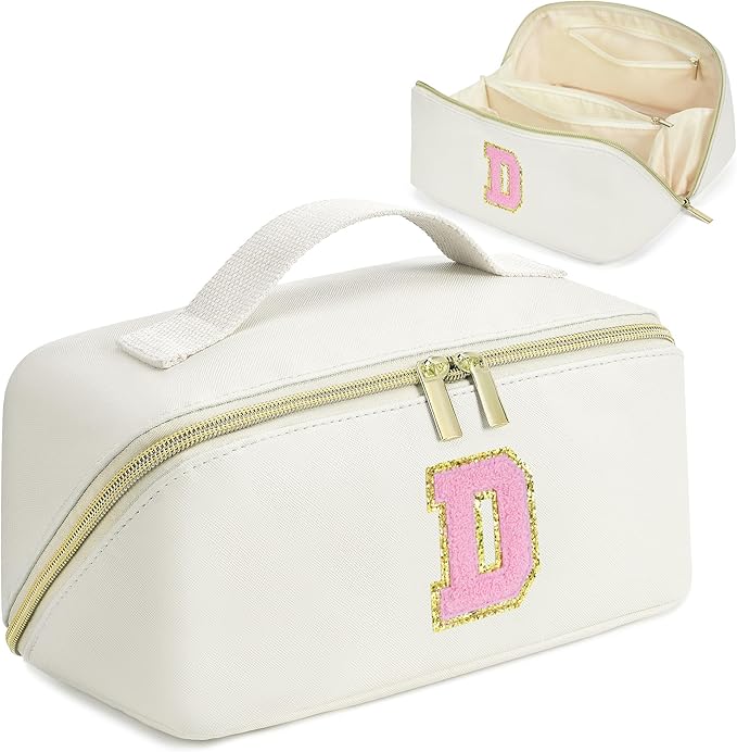 for Valentines Day Gifts, Makeup Bag for Women, PU Leather Travel Toiletry Bags, Initial Make Up Cosmetic Pouch for Teen Girls, Wide Open Portable Skincare Bag, Personalized Birthday Gifts, White D