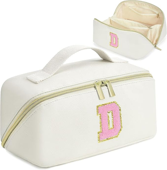 for Valentines Day Gifts, Makeup Bag for Women, PU Leather Travel Toiletry Bags, Initial Make Up Cosmetic Pouch for Teen Girls, Wide Open Portable Skincare Bag, Personalized Birthday Gifts, White D