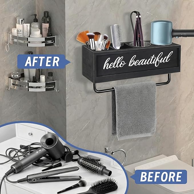 Hair Dryer Holder Wall Mounted, Hair Tools and Styling Organizer with Towel Bar, Farmhouse Beauty Hair Appliance Holder for Flat Iron, Curling Wand, Towel Rack (Black)
