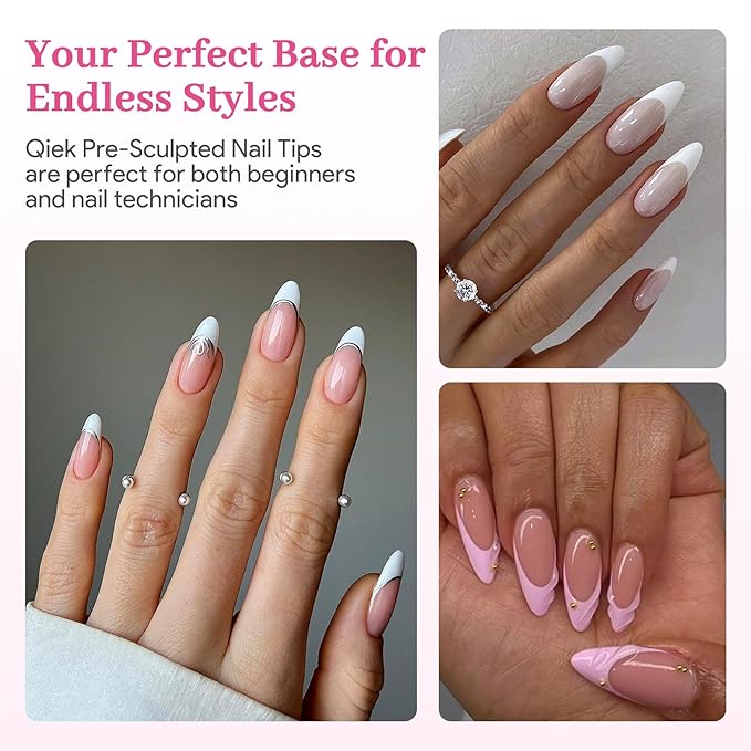 Qiek Medium Almond Pre-Building Nail Tips, 15 Sizes 240 PCS Pre-shaped Apex Clear Soft Press On Fake Nail Half Matte Gel Nail Extensions Strong Thick Acrylic Tip for DIY Beginners & Salon Manicure