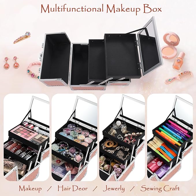 Costravio Makeup Box with Mirror, Makeup Organizer Case Train Case for Girls Women Kids Make up Box Makeup Case Organizer with Lock and Key Storage Vanity for Polishes Cosmetic Jewelry, Shiny Pink