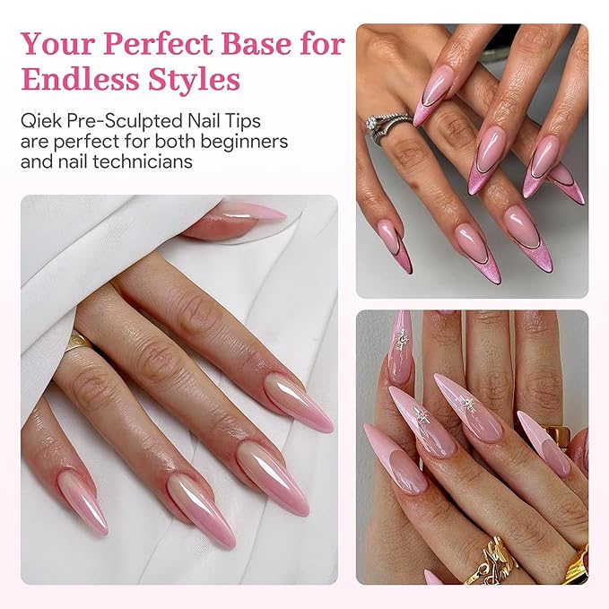 Qiek Long Stiletto Pre-Building Nail Tips, 15 Sizes 240 PCS Pre-shaped Apex Clear Soft Press On Fake Nail Half Matte Gel Nail Extensions Strong Thick Acrylic Tip for DIY Beginners & Salon Manicure