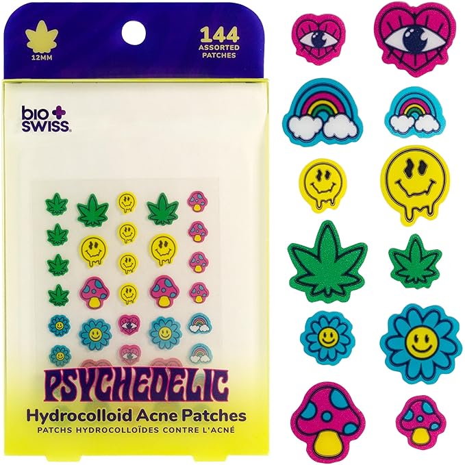 BioSwiss Psychedelic Pimple Patches, Hydrocolloid Acne Patch for Zits and Blemishes, Face and Skin Stickers, 144 Count