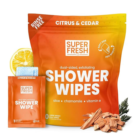 Super Fresh Shower Wipes Large Citrus & Cedar Body Wipes for No Rinse Bathing Personal Hygiene Gym Travel or Camping Enriched with Aloe and Vitamin E 10 Individually Wrapped Disposable Sheets