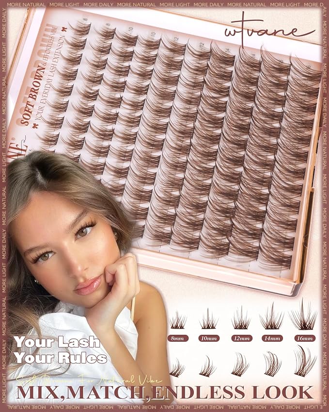 Wtvane Brown Lash Clusters Wispy Eyelash Clusters Natural Lash Clusters with Spikes 8-16mm Cluster Eyelash Extensions Natural Look C-Curly Individual Lashes Thin Band Lashes Clusters Manga Eye Lashes