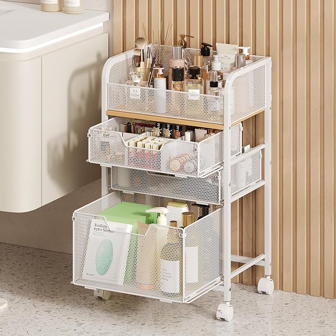 Rolling Makeup Cart Organizer with 3 Drawers, Floor Skincare Organizers with Wheels, Cosmetics Display Cases, Vanity Storage Organizer for Skin Care Perfume Nail Polish, White