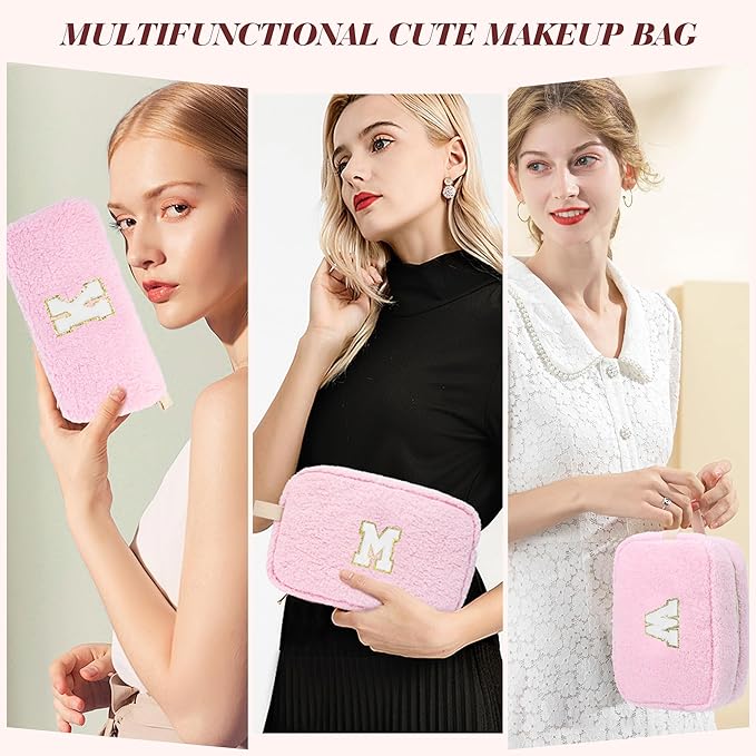 2PCS Makeup Bag with Initials, Valentines Day Gifts for Teen Girls Trendy Stuff, Personalized Cosmetic Travel Bag Pouch for Granddaughter, Cute Plush Make up Bags for Birthday - Pink T