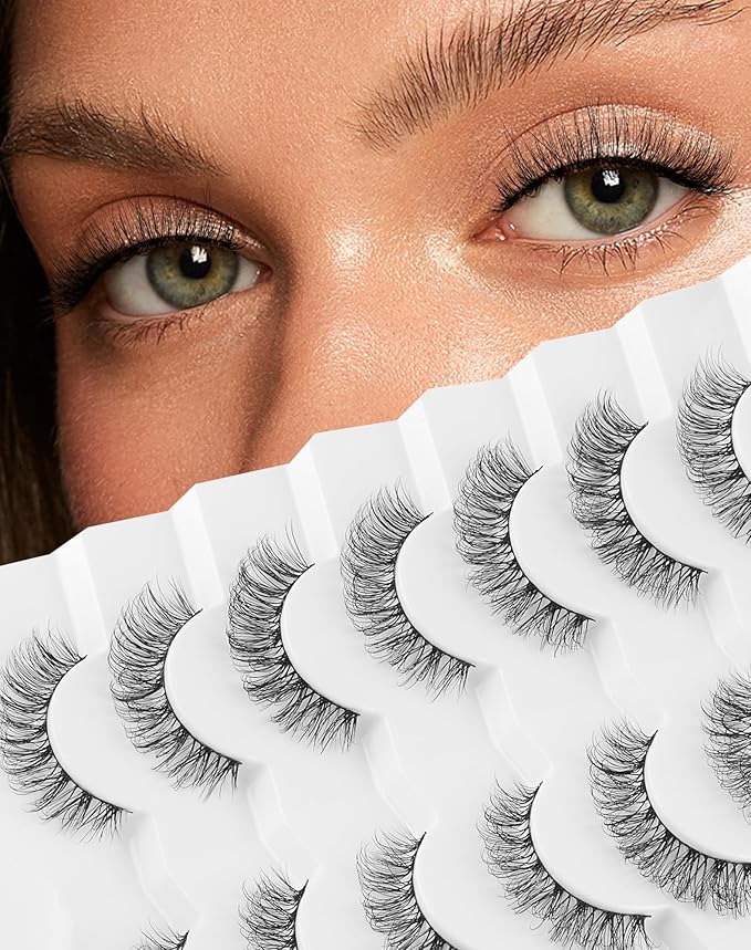 Jiocolor Natural False Eyelashes Wispy Lashes 3D Fluffy Lashes Natural Look Faux Mink Lashes Baby Curl Eyelashes Strip Fake Eyelash 7 Pairs 15MM