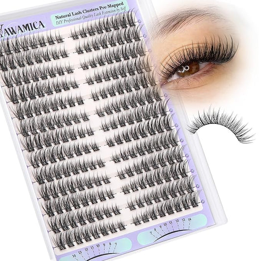 Yawamica Natural Lash Clusters Cat Eye Lash Extension 7-14mm Wispy Eyelash Clusters C Curly Individual Lashes Pre-mapped Cluster Lashes Left Right Cluster Eyelash Extensions DIY Lashes Natural Look