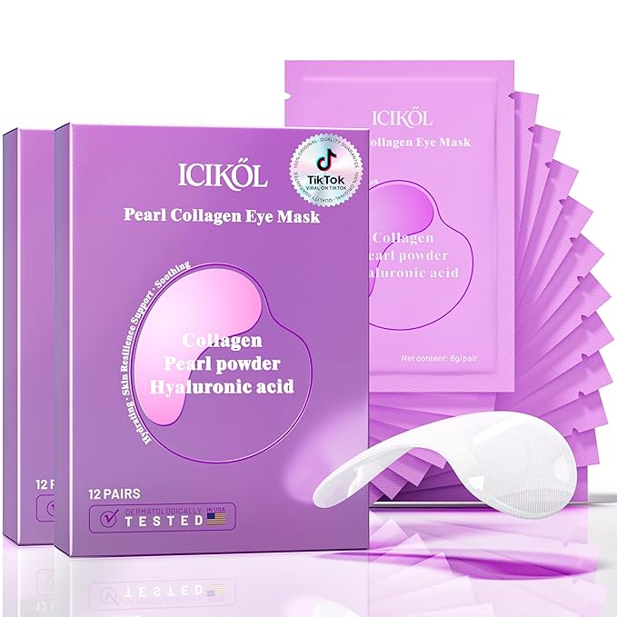 ICIKOL Collagen Under Eye Patches for Puffy Eyes and Dark Circles, Overnight Under Eye Mask for Puffiness, Deep Hydrating Undereye Mask Patches for Treatment (24 Pairs, Pearl powder)
