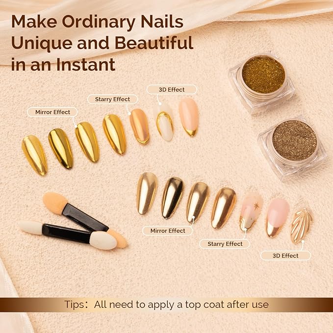 MelodySusie 2Pcs Chrome Nail Powder for Gel Nails,Metallic Mirror Effect Pigment Stylish and Technological Fine Glitter for Home DIY Salon Use