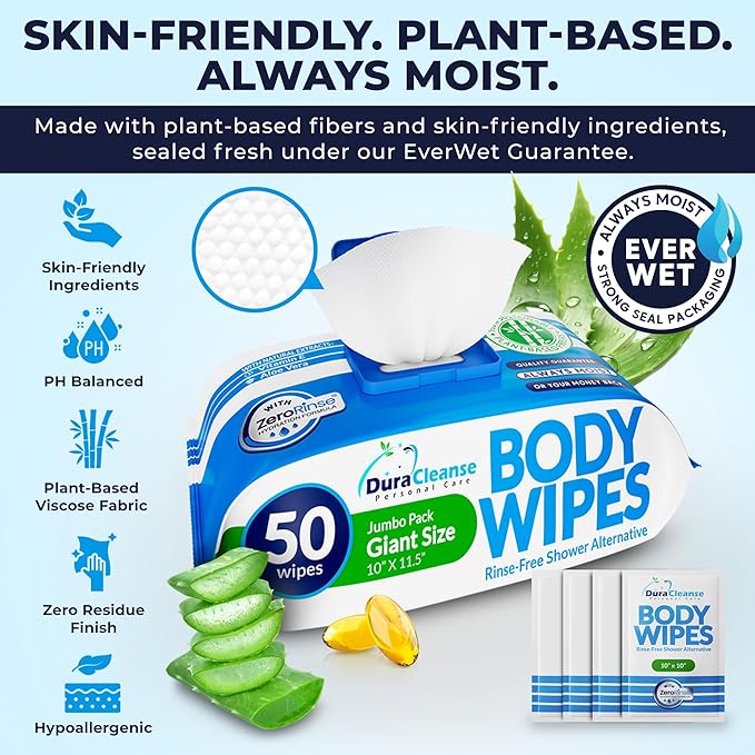 Dura Cleanse Body Wipes for Adults - Everyday Clean (Instant Fresh) - 2 Pack (108 Wipes), XL No-Rinse Bathing Wipes, Disposable Washcloths, Waterless Shower Alternative for Camping & Elderly Care