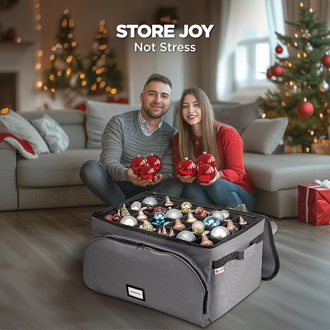 HOLDN’ STORAGE Premium Christmas Ornament Storage Box – Holds up to 72 4” Ornaments, Durable 600D Fabric, Adjustable Dividers, 3 Removable Trays – Metal Frame – Gray