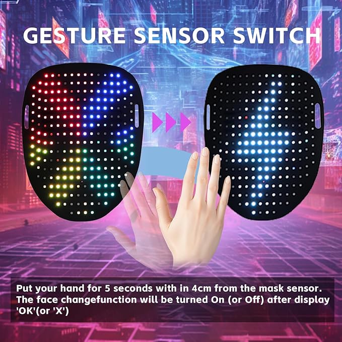 LED Mask with Gesture Control, Perfect for Party Cosplay Party, Masquerade Balls, Holiday Dress-Up, and Atmosphere Adjustment