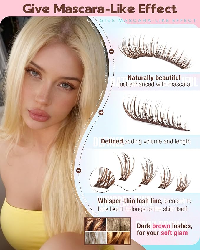 Goddvenus Wispy Lash Clusters Kit Mascara-like Brown Eyelash Clusters Natural Cluster Eyelash Extensions Kit 10-16mm False Eyelashes Individual Lashes C Curl Lash Extension Kit For DIY