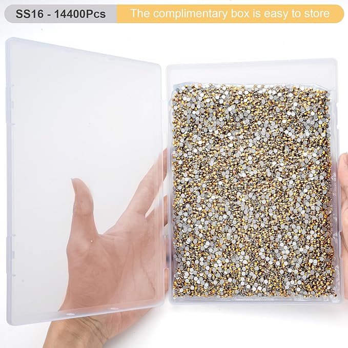 MEIBITE Flatback Rhinestones Bulk, 14400PCS Gold Rhinestones for Clothes DIY Decoration Crafts, Gold, SS16, 3.8-4.0mm