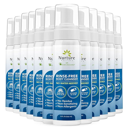 Nurture Rinse Free Waterless Foaming Cleanser | Women, Camping, Elderly & Hospital Care | Waterless Shower & Bath Wash w/Aloe for Sensitive Dry Skin