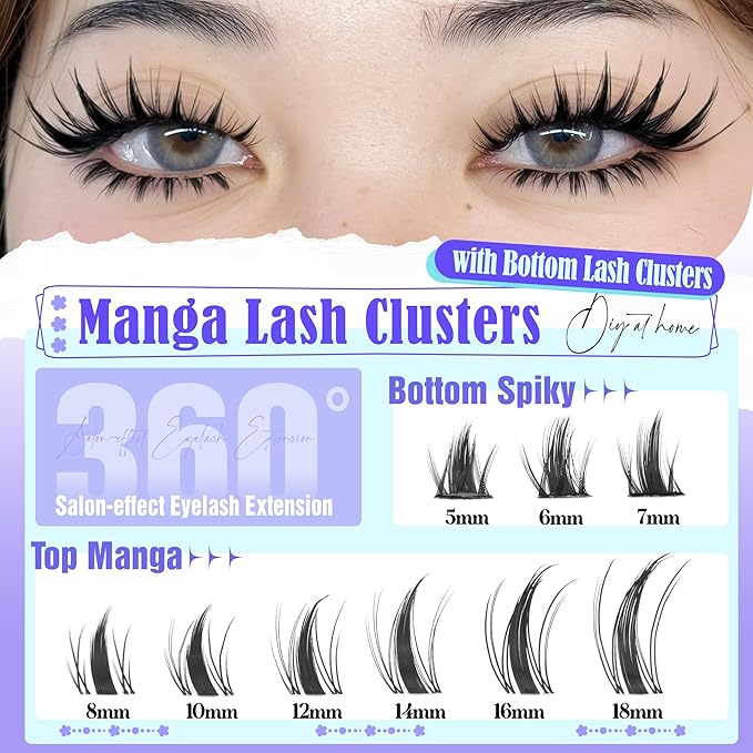 Fairy Lash Clusters Natural Spikes Eyelash Clusters Manga Cluster Eyelash Extensions Invisible Band DIY Spiky Individuals Lashes 8-18mm Wispy Anime Lash Extension with Bottom Lashes 126PCS