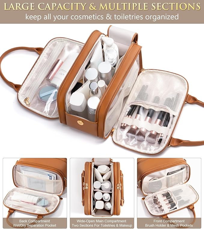 Bagstellar Travel Makeup Bag, Large Capacity Quilted Toiletry Bags for Women, Wide-open Cosmetic Bags Make Up Case Organizer Portable Pouch with Handle & Brush Holder for Traveling Accessories, Brown