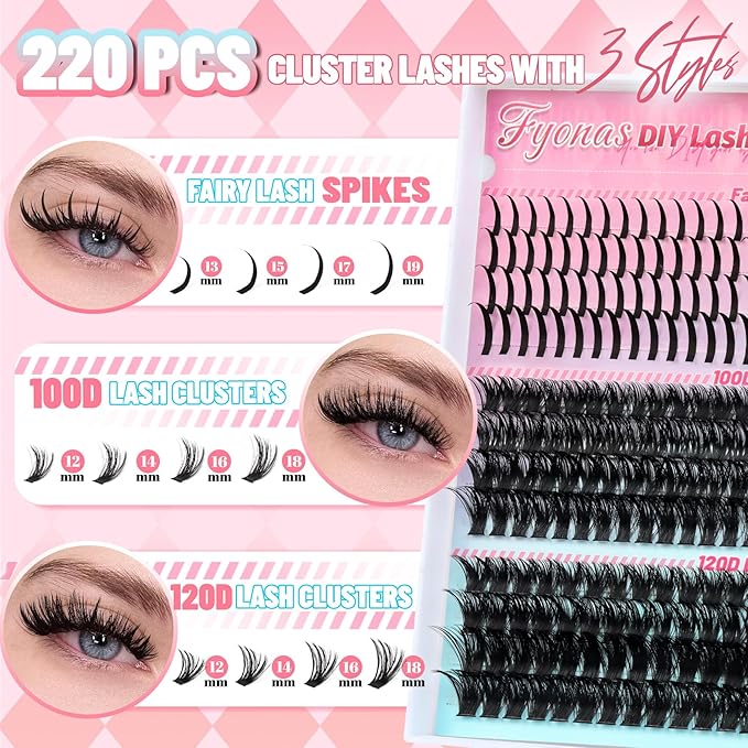 Fyonas Lash Clusters 100D+120D Fluffy Cluster Eyelashes Wispy Manga Individual Lashes 12-18mm with Spikes 13-19mm DIY Eyelash Extensions 220Pcs Volume Thick Cluster Lashes (Mix01)