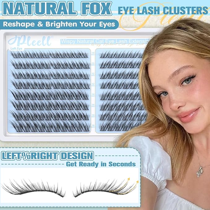 Pleell Cat eye Lash Clusters Wispy Eyelash Clusters Natural Fox Eye Lashes Left&Right Spikes Cluster Eyelash Extensions Fairy Cluster Lashes(160PCS, J Curve, 10-16MM)