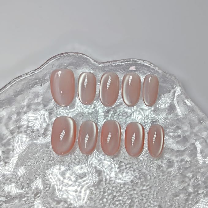 Cat Eye Press on Nails Handmade Short Oval/Square/Round False Nails with French Tip/Aurora/Magnetic Shimmer Designs (Side#Oval Pink Crystal S)