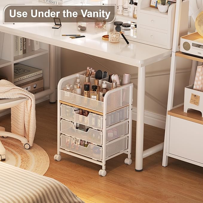 3 Drawers Makeup Cart Organizer with Divider, Under Desk Floor Skincare Organizers, Vanity Storage Organizer Cosmetics Display Cases for Skin Care Perfume Nail Polish, White