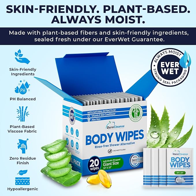 Dura Cleanse Travel Body Wipes - Everyday Clean (Instant Fresh) - 20 Count, XL 10”x10” Individually Wrapped No-Rinse Shower Wipes for Adults, Men & Women, Camping, Gym & Travel