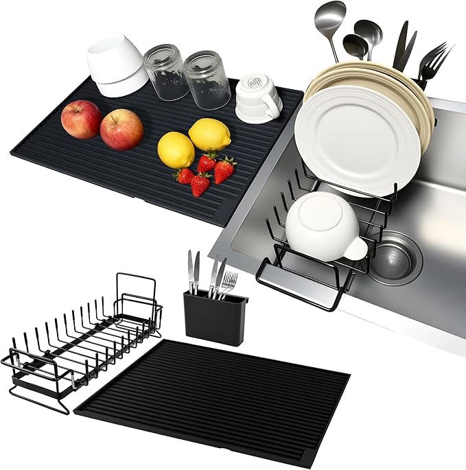 Dish Drying Rack, Stainless Steel Expandable Over/in Sink & Countertop, Space Saving Collapsible Rust-Proof Rack with Silicone Mat Cutlery Holder for Kitchen/RV/Commercial Use (14.56-18.5" L)