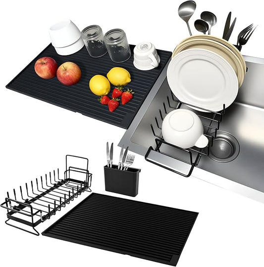 Dish Drying Rack, Stainless Steel Expandable Over/in Sink & Countertop, Space Saving Collapsible Rust-Proof Rack with Silicone Mat Cutlery Holder for Kitchen/RV/Commercial Use (14.56-18.5" L)