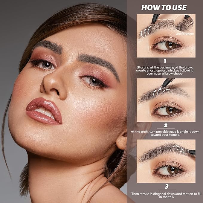 2 Pack 4-Tip Microblading Eyebrow Pen with 2 Brow Brushes, Waterproof Vegan Formula Eyebrow Pencils for Women to Effortlessly Create Natural Hair-Like Strokes, All-Day Wear (Natural Brown)